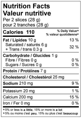  Nutritional Facts for MEDIUM CHEDDAR CHEESE SLICES 14G, 34%M.F.,39%MOIST.,12X670G