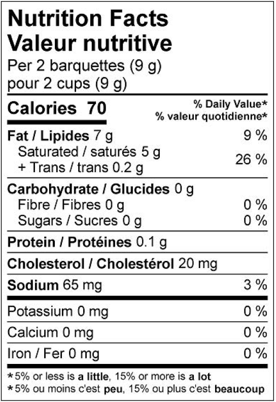  Nutritional Facts for 4.5G X300 NATREL WHIP BUTTER CUPS