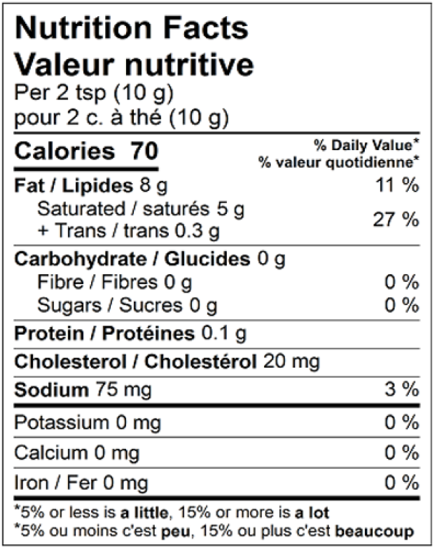 Nutritional Facts Value 5.5G X 300 BARQUETTE NATREL
