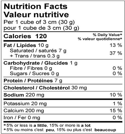  Nutritional Facts for 2.27KG MILD CHEDDAR COLORED