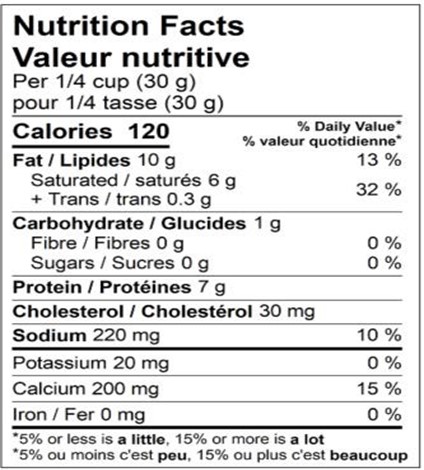  Nutritional Facts for FROMAGE MONTEREY-CHEDDAR BLANC RÂPÉ FINEMENT, 4X2.5KG