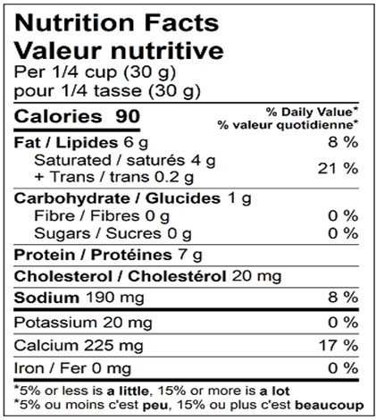  Nutritional Facts for FROMAGE PIZZA MOZZARELLA RÂPÉ, 20%M.G. 52%HUM.4X2.5KG, 3.5MM