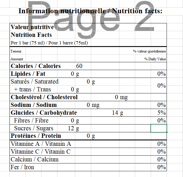  Nutritional Facts for 4X12X75ML SCOTSBURN RAISIN TWINPOP SUCETTE GLACÉE