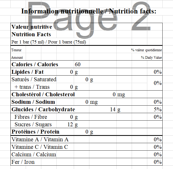  Nutritional Facts for 4X12X75ML SCOTSBURN CERISE TWINPOP SUCETTE GLACÉE