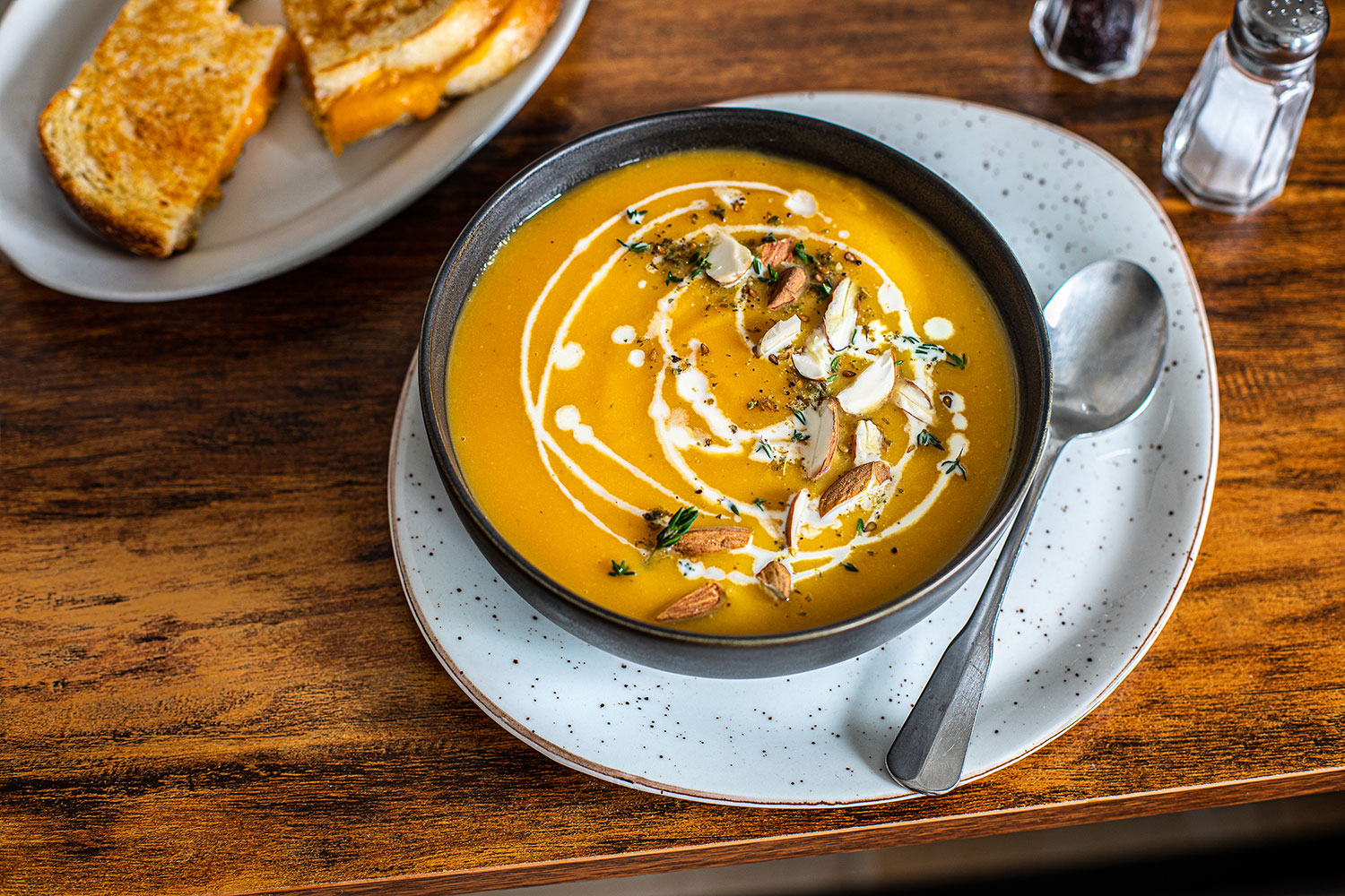 Butternut soup with cream and a crunchy garnish