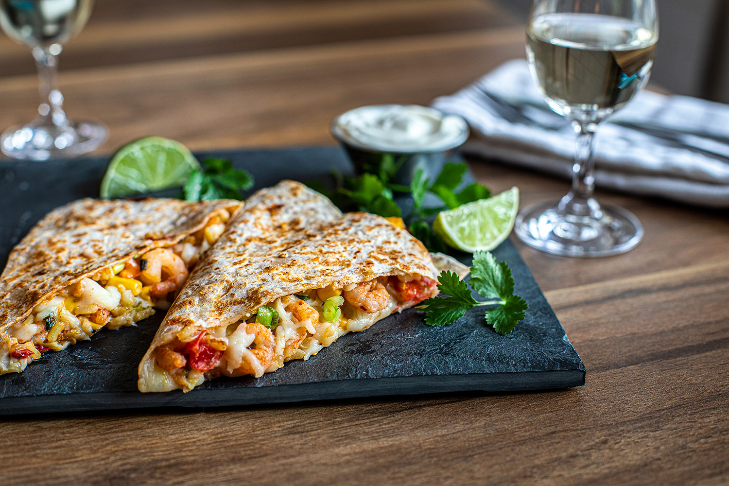 Quesadillas with Cajun shrimp and shredded mozzarella