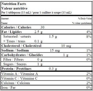 Nutritional facts about 10L CRÈME 18% NSA TUBE BLANC