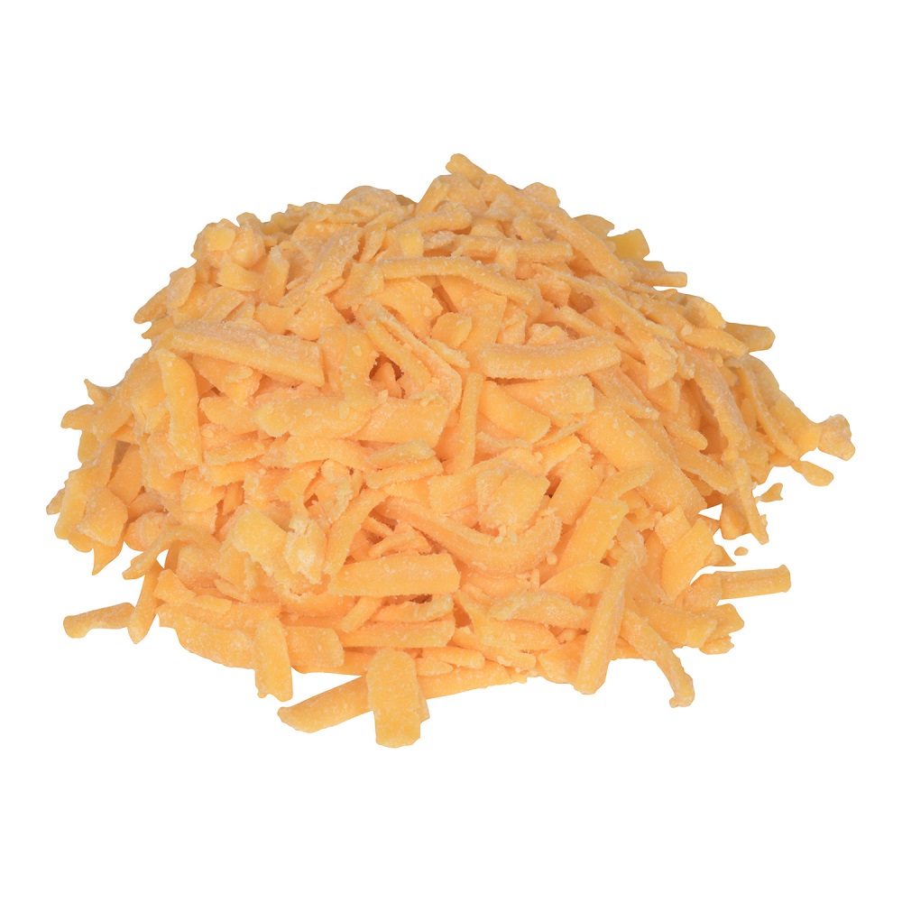 SHREDDED COLOURED MEDIUM CHEDDAR CHEESE, 34%M.F. 39%MOIST., 4X2.5KG-Texture