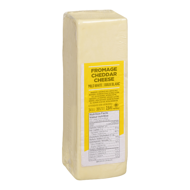 FROMAGE CHEDDAR DOUX BLANC, 34% M.G. 39% HUM, VAR. 4X2.5KG