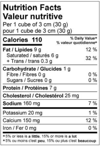 NUTRITION FACTS 2.27KG BRICK CHEESE P.G.