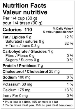  Nutritional Facts for 2KG FROMAGE À POUTINE 