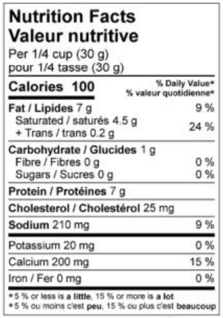 NUTRITION FACTS 2.5KG PIZZA MOZZARELLA CHEESE BLEND 24% M.F.