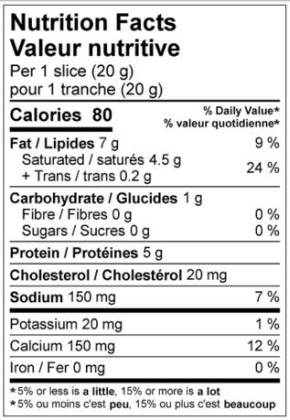 NUTRITION FACTS 400G MEDIUM CHEDDAR SLICES (20G) 34% M.F.