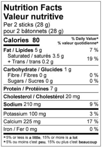VALEURS NUTRITIVES 12KG FROZEN STRING PROCESSED CHEESE PRODUCT 14G STICK
