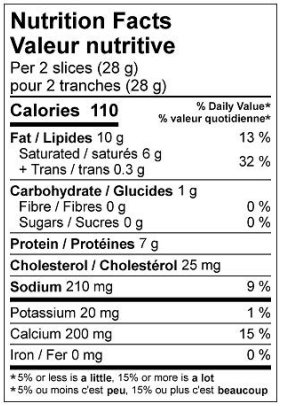  Nutritional Facts for FROMAGE CHEDDAR MI-FORT TRANCHE 14G,34%M.G.,39%HUM.,12X670G