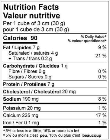  Nutritional Facts for DICED PIZZA MOZZARELLA CHEESE, 20%M.F. 52%MOIST., 2X6KG