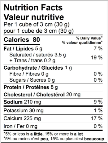  Nutritional Facts for 2.27 KG PIZZA MOZZ BLOC 17%