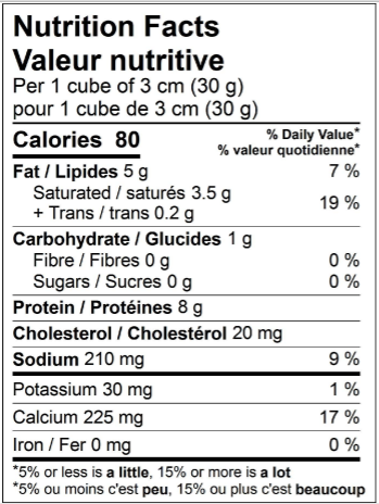  Nutritional Facts for 2.27KG PIZZA MOZZA 17% BLOCK