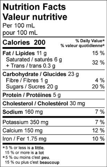  Nutritional Facts for AFS Ice Cream Mix Chocolate (10L)