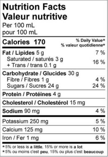  Nutritional Facts for AFS Ice Milk Mix Chocolate (10L)