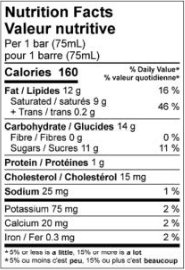  Nutritional Facts for Scotsburn Vanilla Ice Cream Bar (12x75ml)