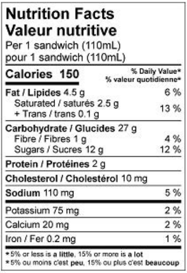 Nutritional Facts for Scotsburn Vanilla Ice Cream Sandwich (12x110ml)