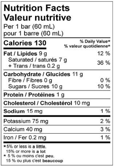  Nutritional Facts for Scotsburn Vanilla Ice Cream Bar (12x60ml)