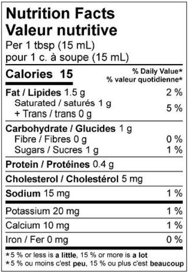  Nutritional Facts for AFS Cream 10% (10L)