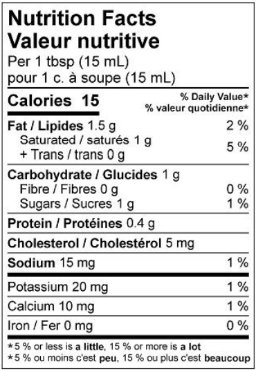  Nutritional Facts for 10L 10% CREAM NATREL F.