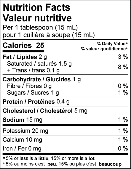  Nutritional Facts for Quebon Cream 15% (473ml)