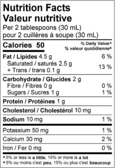  Nutritional Facts for Sealtest Crème Sure 14% (500ml)