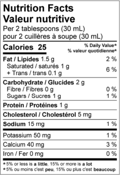  Nutritional Facts for 500ML SOUR CREAM 5% SEALTEST