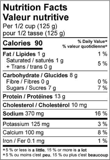  Nutritional Facts for Sealtest Cottage 1% (250g)