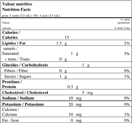  Nutritional Facts for Natrel Cream 10% (200x15ml)