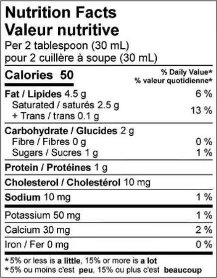  Nutritional Facts for Natrel Crème Sure 14% (10L)