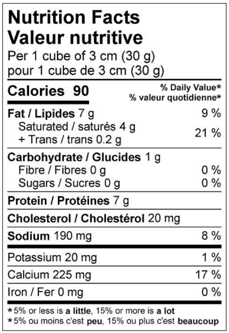  Nutritional Facts for 2.27KG PIZZA MOZZ BLOC 20%