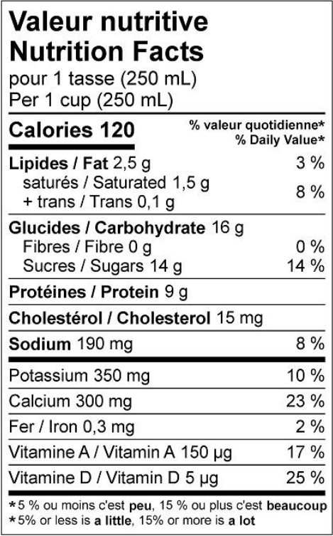 Nutritional Facts Québon Chocolate Milk Sugar Reduced 1% (1L)
