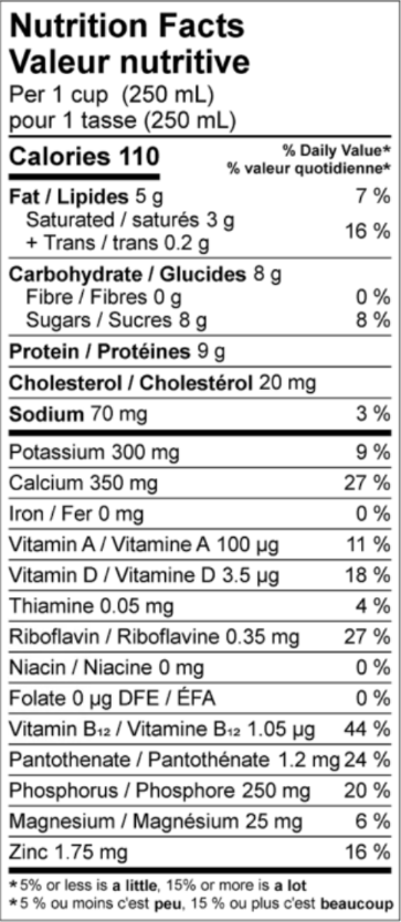 Nutritional Facts for 1L NATREL SANS LACTOSE 2%  Nutritional Facts for 1L NATREL LAIT SANS LACTOSE 2%