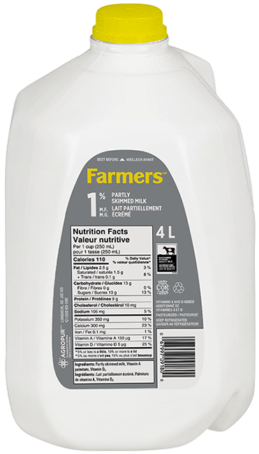 Partly skimmed homogenized milk containing 1% milk fat and at least 8.25% of non fat milk solids.