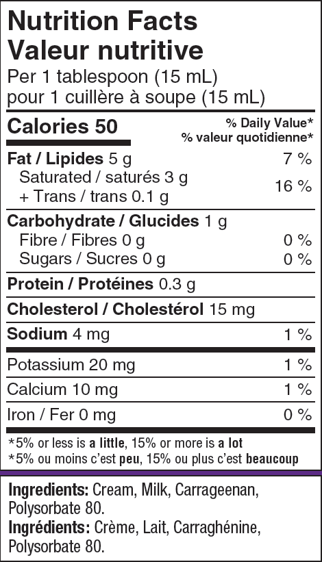 Nutritional Facts for Farmers Cream 35% (473ml)