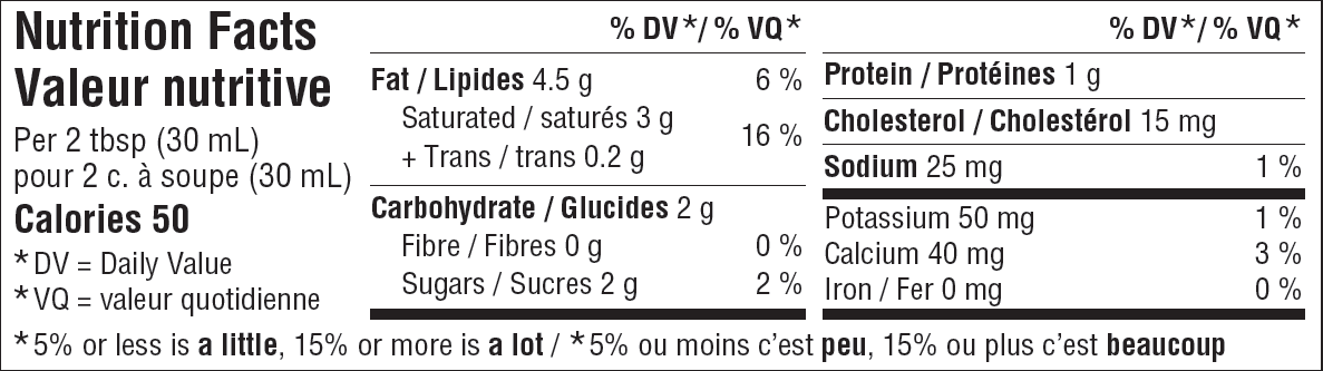 Nutritional Facts Sour Cream 14% 250mL