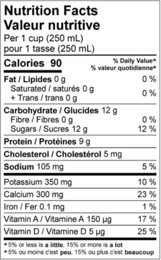  Nutritional Facts for 2L SKIM NATREL ORGANIC JUG BC