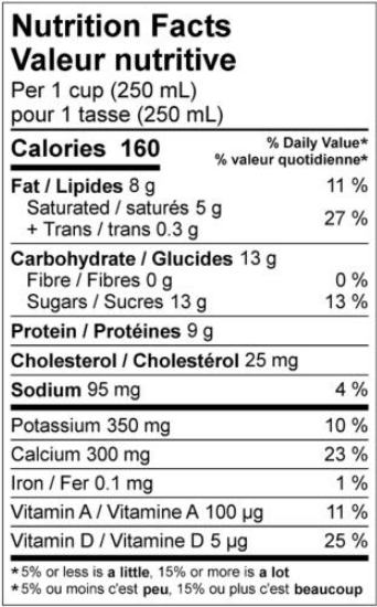  Nutritional Facts for 1 LT HOMO QUEBON
