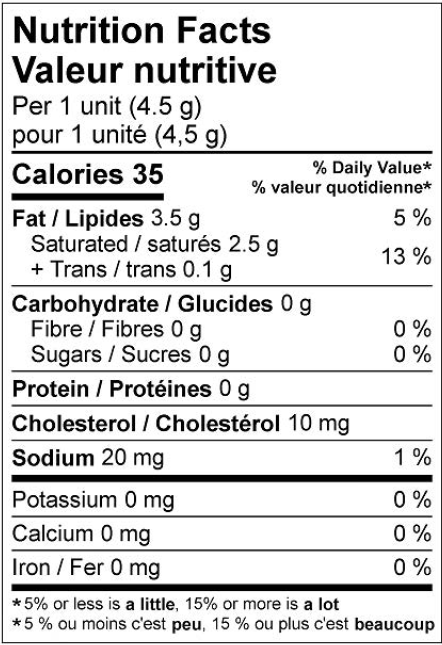  Nutritional Facts for 4.5G X715 NATREL WHIP BUTTER CUPS
