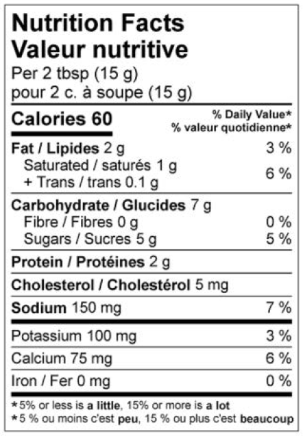  Nutritional Facts for BRIGHT FROMAGE PARMESAN ECONO RÂPÉ 15%M.G. 20%HUM. 2X2.5KG