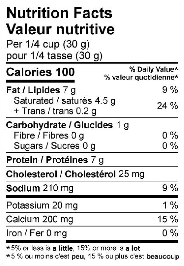 VALEURS NUTRITIVES 2.5KG MÉL. PIZZA MOZZARELLA 24% M.G.