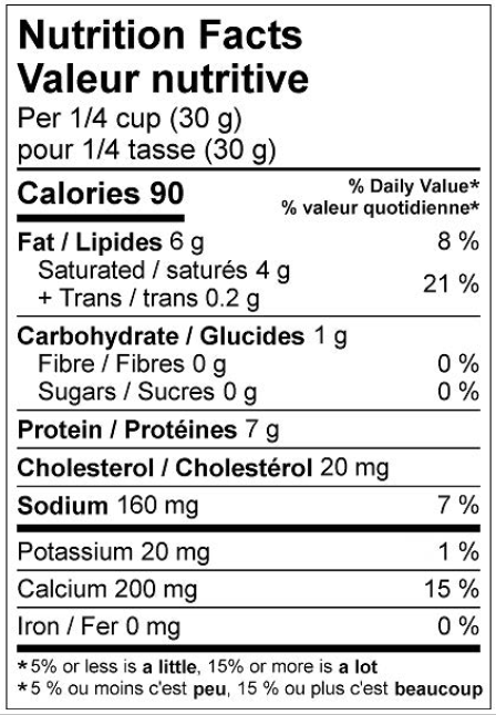  Nutritional Facts for FROMAGE PIZZA MOZZARELLA EN DÉS, 20%M.G. 52%HUM., 2X6KG