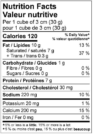  Nutritional Facts for 2.27KG OLD CHEDDAR CHEESE WHITE