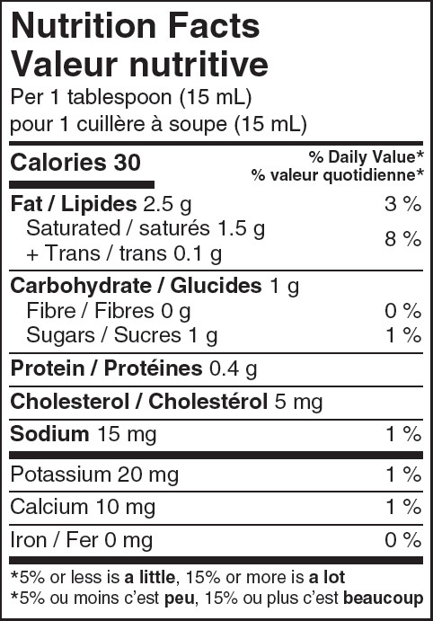 Nutritional Facts Northumberland Cream 18% 1L