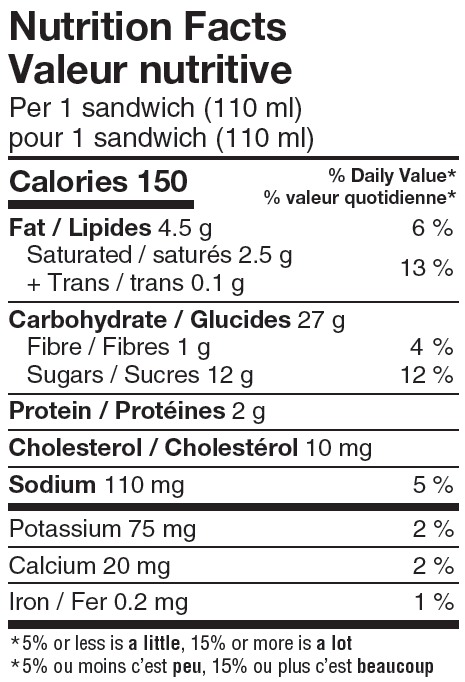 Nutritional Facts for Scotsburn Vanilla Ice Cream Sandwich (12x110ml)